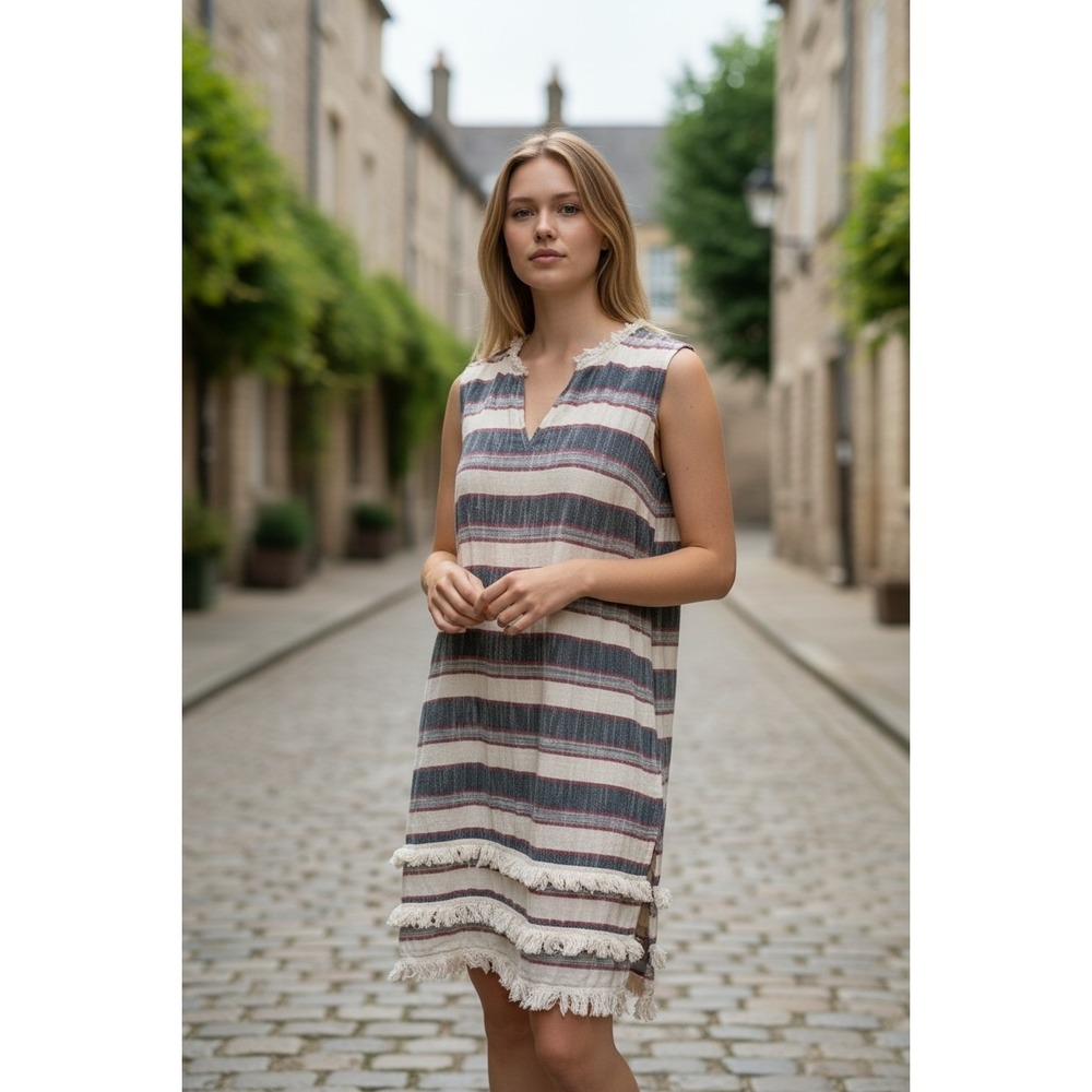 HOLDING HORSES Cream and Navy Striped Sleeveless Fringe Dress